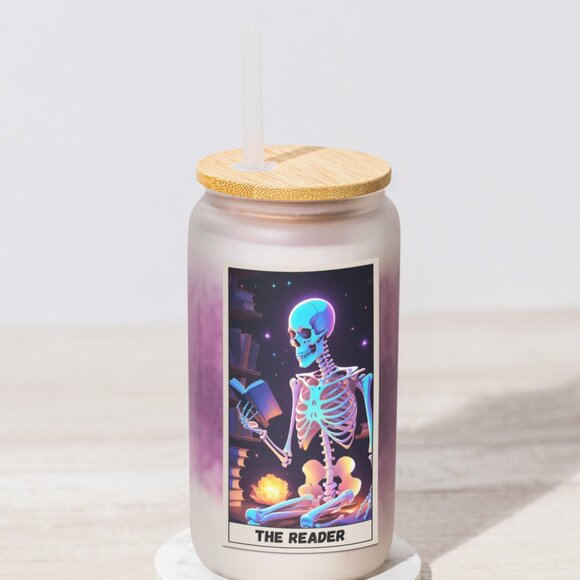 The Reader, Reader Tarot Card Tumbler, Gothic Mug, Iridescent Skeleton Glass Cup - Picture 4 of 7